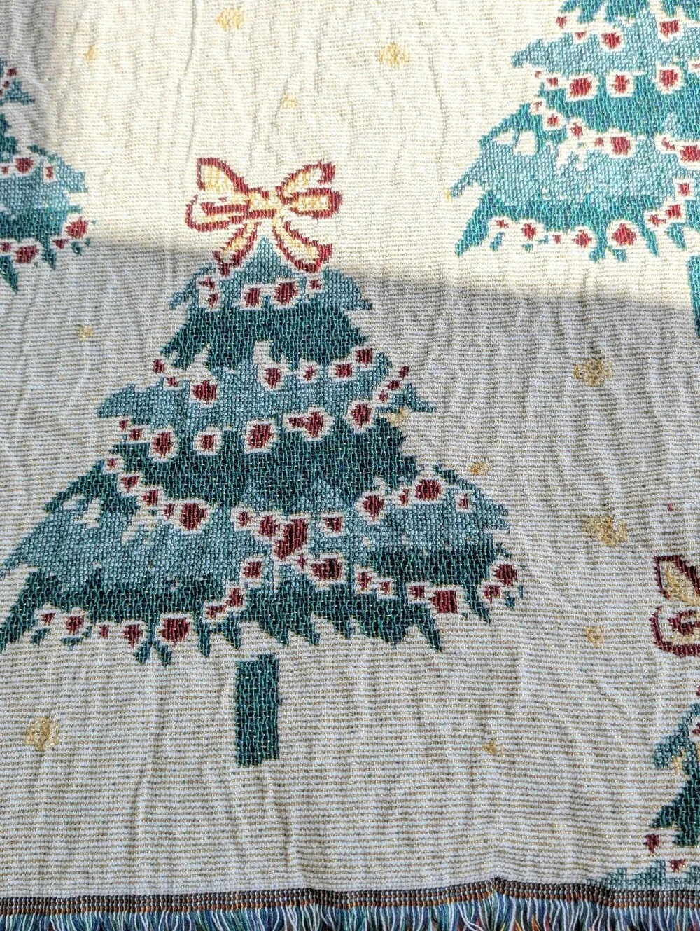 Queenwest Holiday Christmas Tree Throw Blanket Metallic Cream Green Size 76